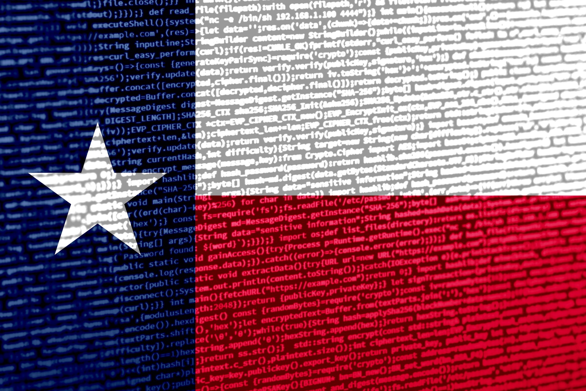 Flag of Texas over digital code. Concept of cybersecurity, innovation, and digital infrastructure in Texas. Modern tech development trends in Texas. Programming, digital sovereignty and site developm